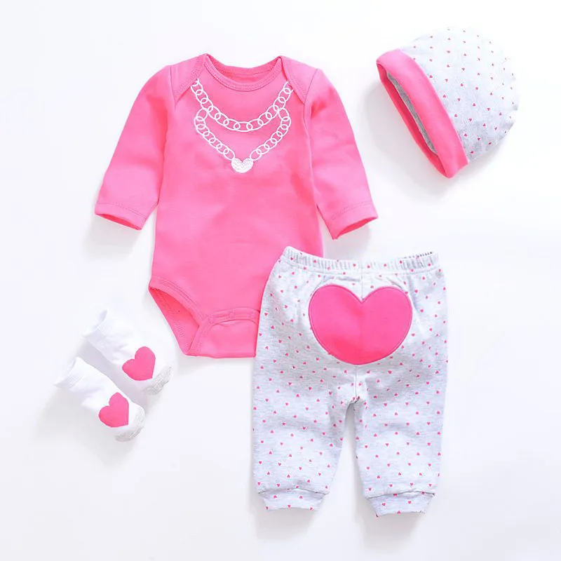 

2020 Baby Girl Clothes 4pcs Clothing set Pink Cotton Romper White Dot Pant Heart Shoes Cuties Hat Newborn Clothes