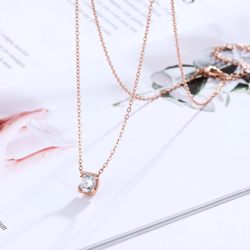 Beautiful Titanium Steel Rose Gold Square Inlay Shiny Crystal Pendant Necklace Love Jewelry Gift Woman Wholesale | Украшения и