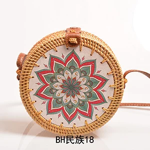 BH18 Женские сумки из ротанга с цветочным принтом, Пляжная винтажная сумка через плечо, женская Соломенная круглая Сумка-слинг B126 - Цвет: BH18