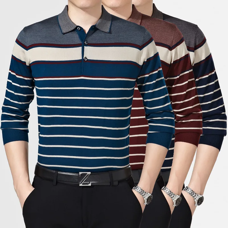 

2019 Autumn New Business Dress Knitted Wool Sweater Men Turn-down Collar Pullover Men Striped Homme XL XXL