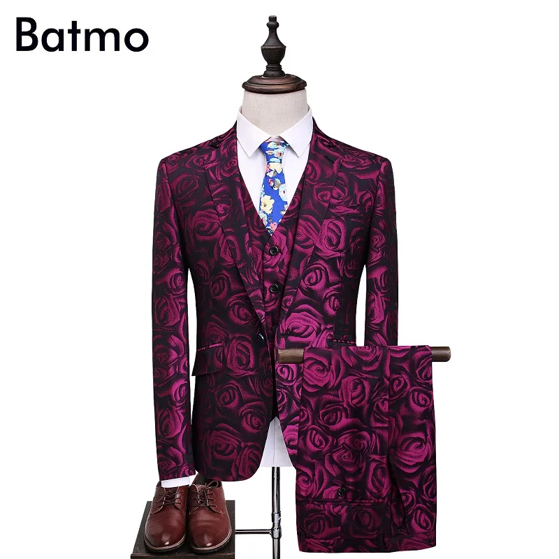 

Batmo 2017 new arrival High quality fashion red printed men's suis,wedding dress suit men,men's casual suits,plus-size S-5XL