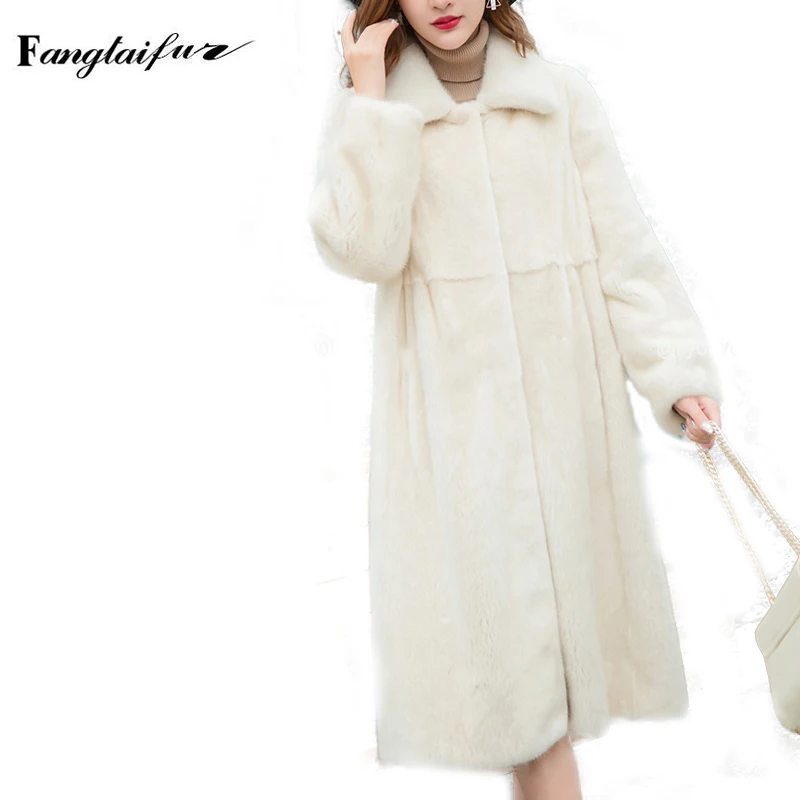 

Ftangaiur New Winter Import Velvet Mink Fur Coat Turn-Down Collar Pure Causal Mink Jacket Women's X-Long Real Mink Fur Coats