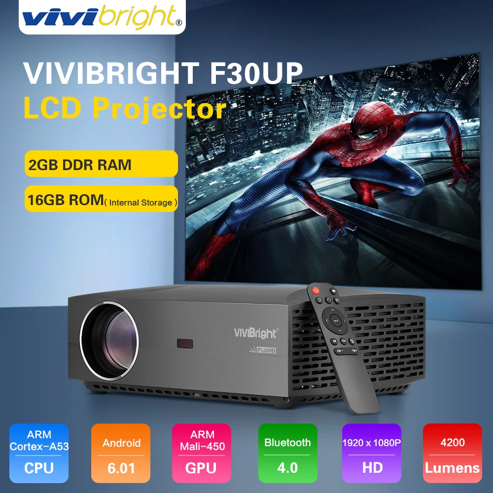 VIVIBRIGHT F30UP ЖК-проектор Android Bluetooth 4,0 1920x1080 P домашний кинотеатр коммерческий проектор FHD 4200LM 2+ 16GB