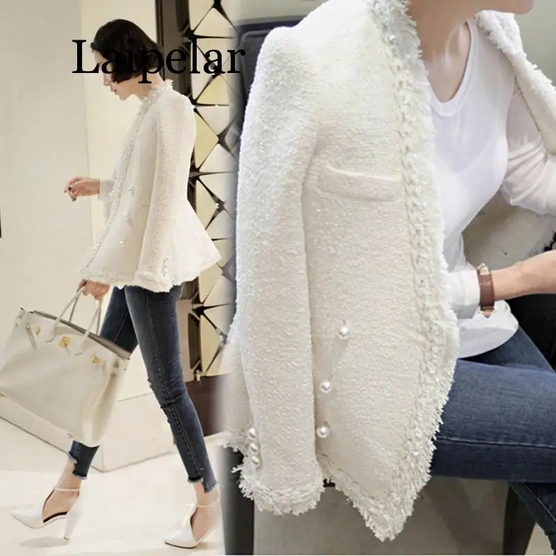 

Laipelar 2019 Lady Winter Pearls Tassels Woolen Jacket Coat Women Vintage Warm Tweed Jacket Elegant Overcoat