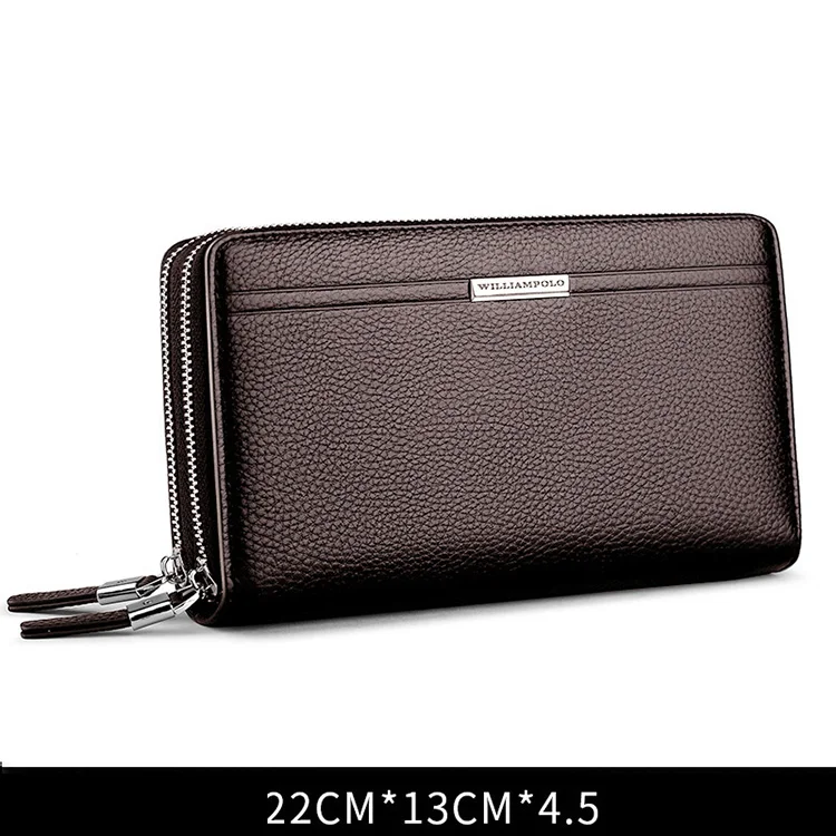 WILLIAMPOLO Leather Vintage Solid Clutch Bag Phone and Card Brand Mens Wallet Double Zipper Genuine Leather Handy Bag Purse
