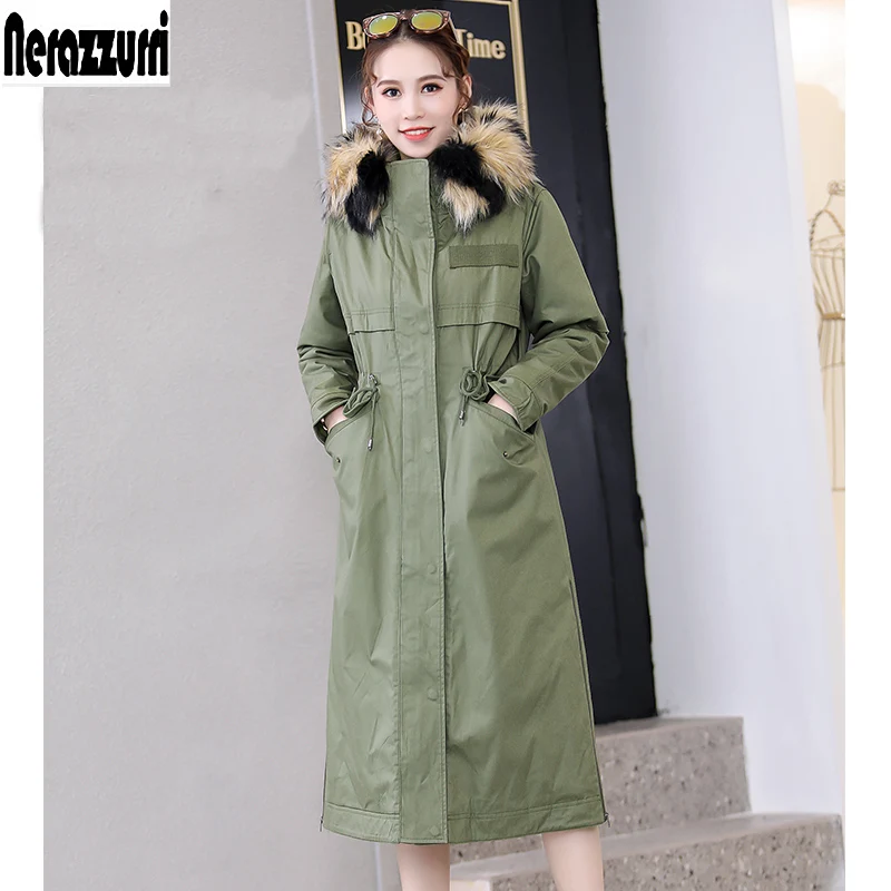 

Nerazzurri Winter Warm Fluffy Faux Fur Lined Parka Hood Thicken ArmyGreen Black Detachable Large Raccoon Fur Collar Overcoat