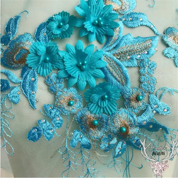 1 Piece 30*34cm Large Beautiful Flower Sky Blue 3D Bead Peal Neckline Lace Applique Patch Trim For Garment Decoration | Дом и сад