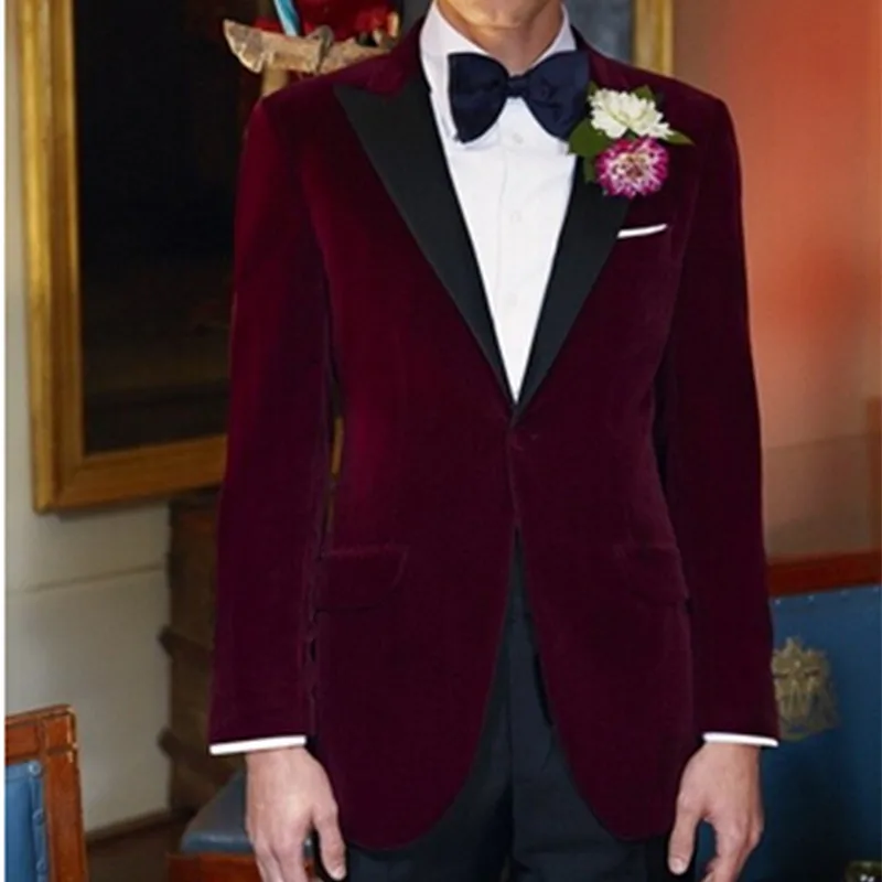 2017 Royal Blue Velvet Groom tuxedo jacket men Black Lapel Mens Blazer Slim Fit Suit burgundy Wedding Suits for men With Pants