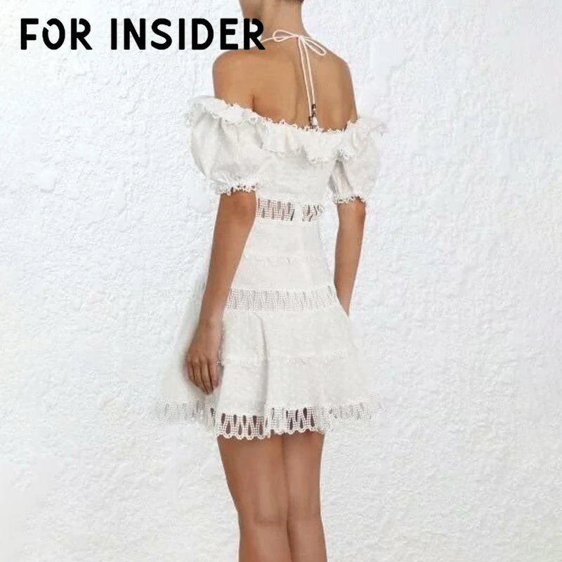 Белое Кружевное ТРАПЕЦИЕВИДНОЕ хлопковое платье в горошек с коротким рукавом