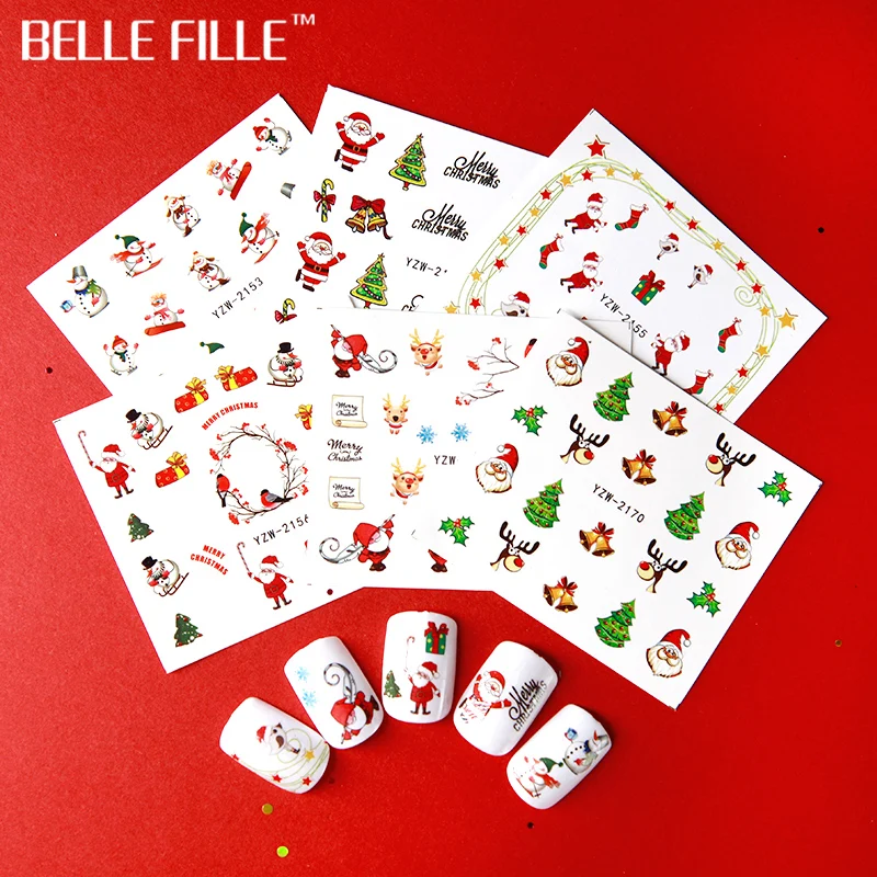 Belle Fille Рождество ногтей Стикеры воды DIY маникюр ползунок украшения наклейки 3D