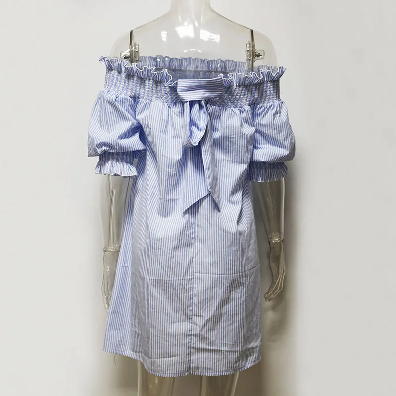 Чудо Красота Лето Slash Средства ухода за кожей шеи Синий Полосатый пляж Vestidos De Festa