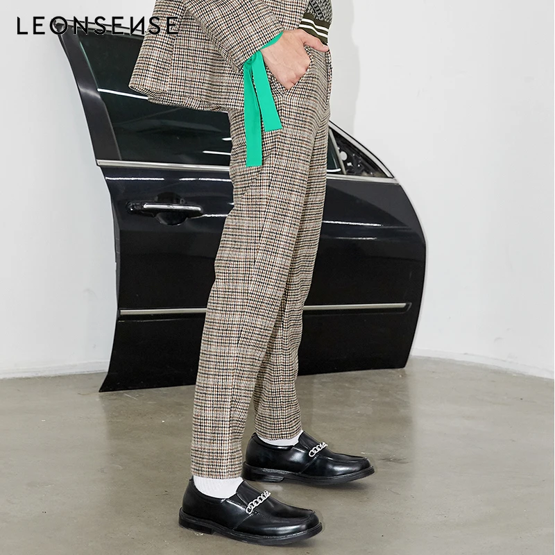 LEONSENSE 2019 мужские брюки в клетку деловые повседневные приталенные Homme