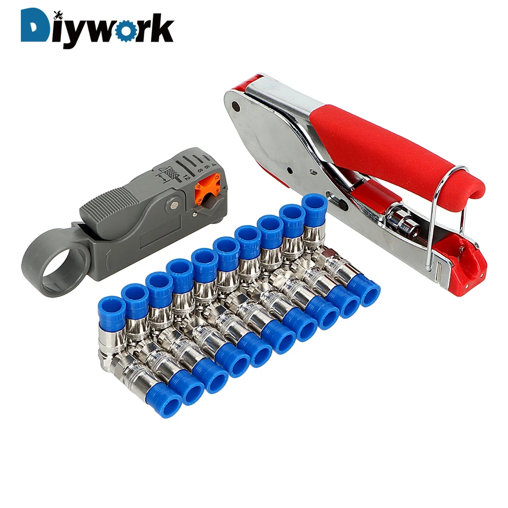 Обжимные плоскогубцы DIYWORK, компрессионный инструмент с разъемом F, плоскогубцы для зачистки проводов, комплект коаксиального кабеля, инструмент для зачистки проводов