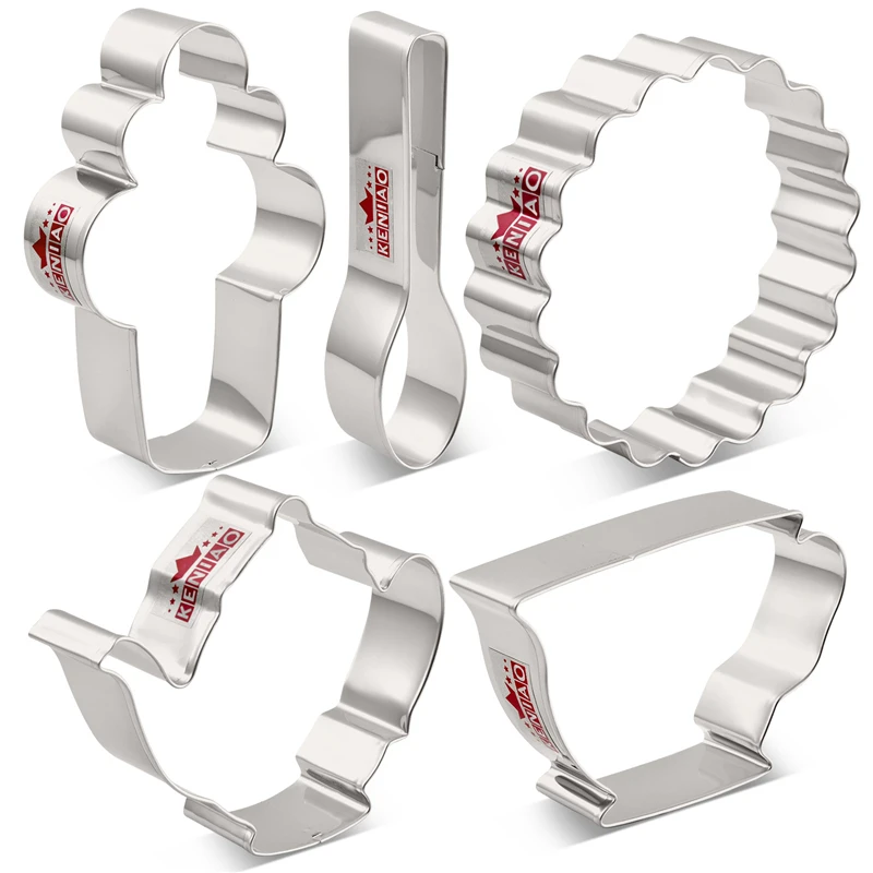

KENIAO Tea Party Cookie Cutter Set - 5 PC - Teapot, Teacup, Cupcake, Spoon Coaster Biscuit Fondant Molds - Stainless Steel