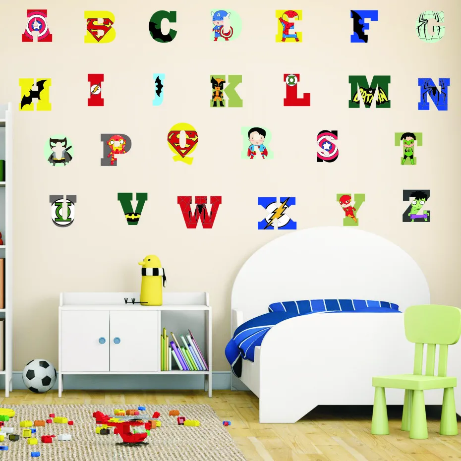 Creative Super Hero Style Alphabet ABC Wall Decal 26 Letters DIY Art Vinyls Stickers Nursery Kids Room Home Decorative Wallpaper