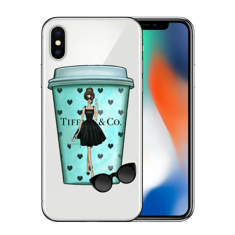 Модный чехол в синей коробке для девочек iPhone X, 8, 7, 6, 6s Plus, 5, 5S, SE, XR, XSMax, жесткий чехол для телефона с котом и кофе