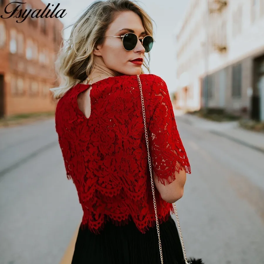 Кружевная блузка, элегантная женская летняя блузка, рубашка с коротким рукавом и круглым вырезом, женские кружевные топы в винтажном стиле, желтый, черный, белый, красный, розовый топ