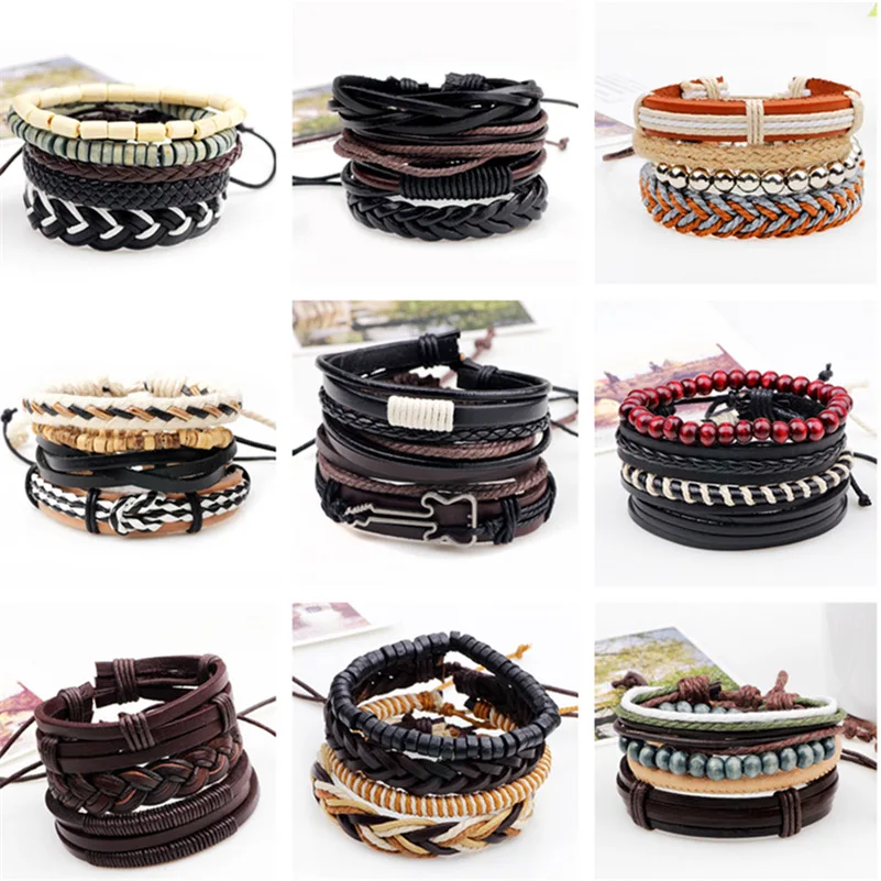 3,4,5pcs/set Series Boho Gypsy Hippie Punk Beige Cord Wrap Black Brown Leather Wooden Beads Layers Stack Bracelets Sets for Man