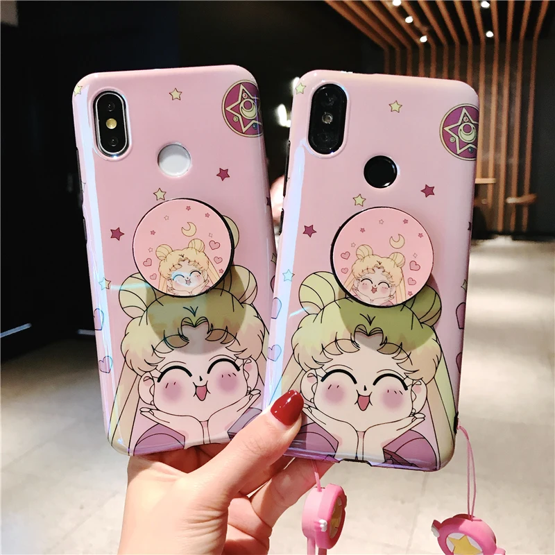 Для Xiaomi Mi8 M8 6X розовый Сейлор Мун мягкий чехол для Xiaomi 6X милый мультяшный чехол+ подставка+ ремень