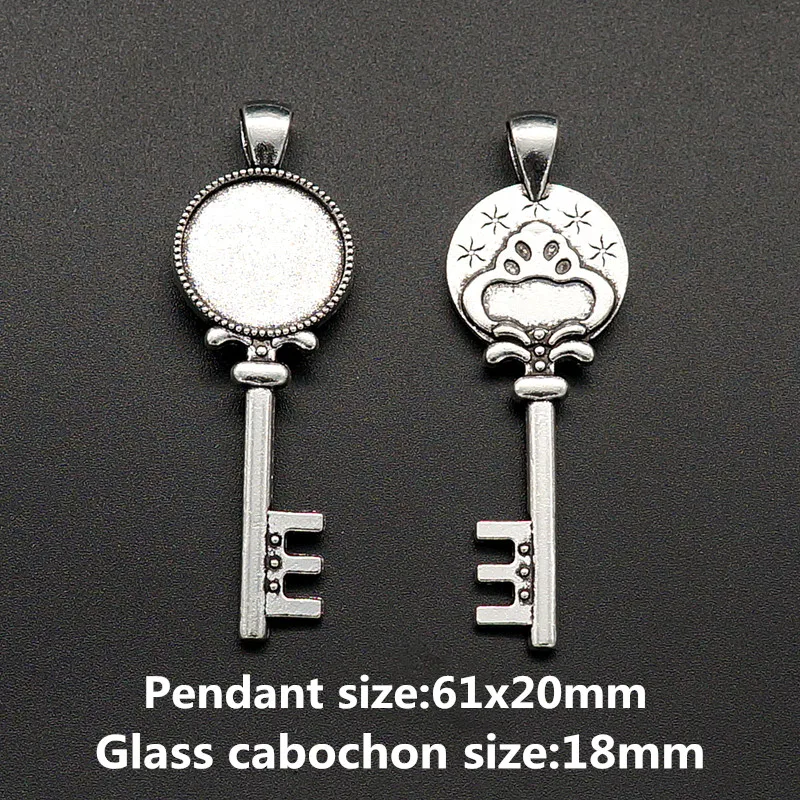 

Beauty Key Silver color Pendant Settings Cabochon Base Blank Fit 18mm Round Glass Cabochons DIY Necklace Making findings