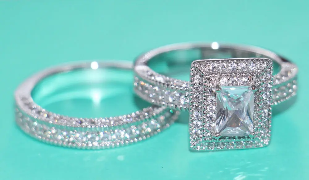 Винтажное обручальное кольцо с фианитом 4 карата 14 карат|ring set|princess cutwhite gold |