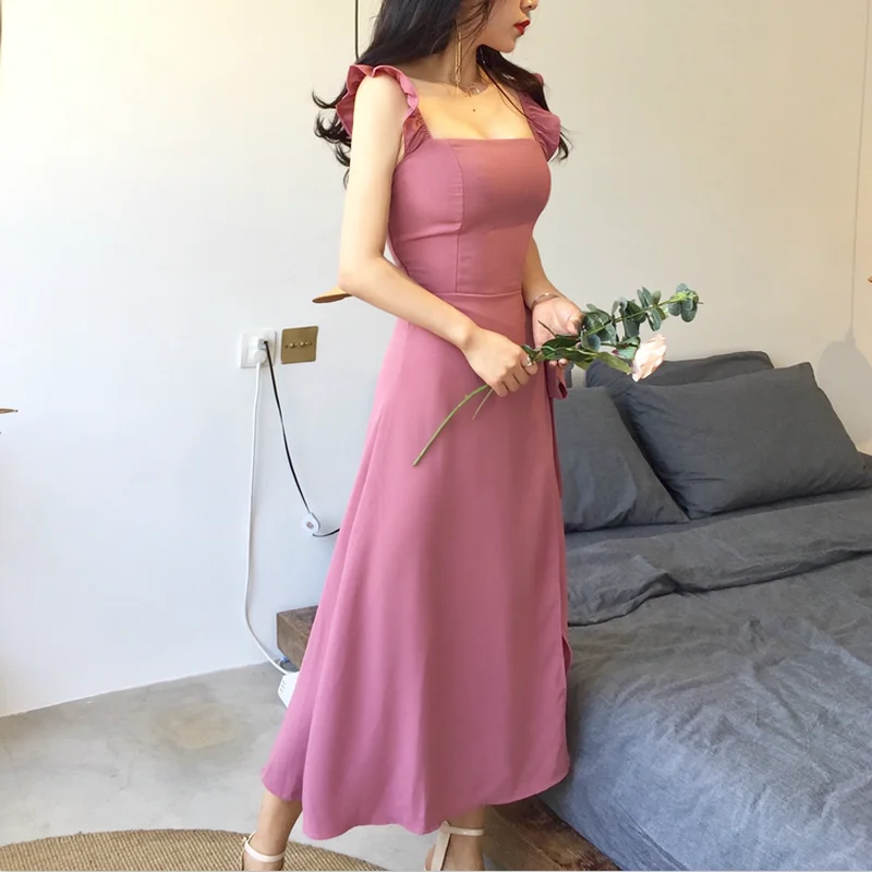 Женское шифоновое платье на бретельках однотонное длинное с рукавами в виде