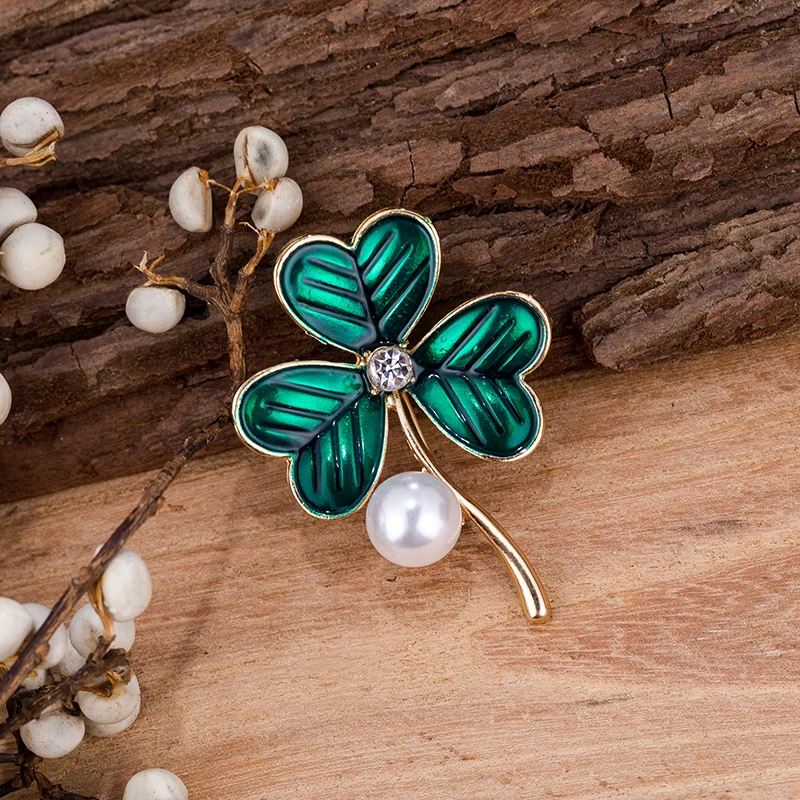 TDQUEEN зеленый лист Броши для женщин золотой цвет металлический жемчуг эмаль