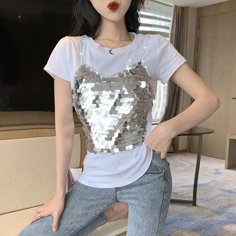 Новинка лета 2019 Женский облегающий пикантный топ с коротким рукавом и круглым