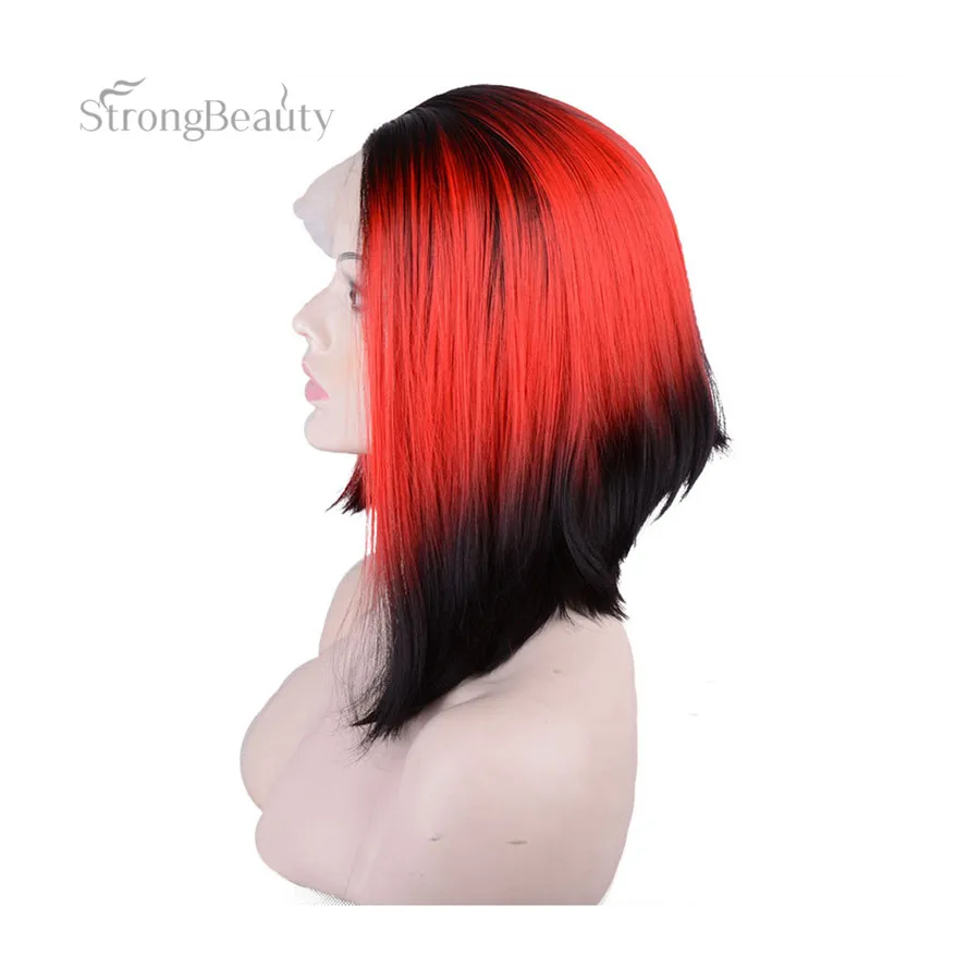 StrongBeauty короткий прямой Боб парики Омбре Красный Кружева спереди два тона синтетический парик