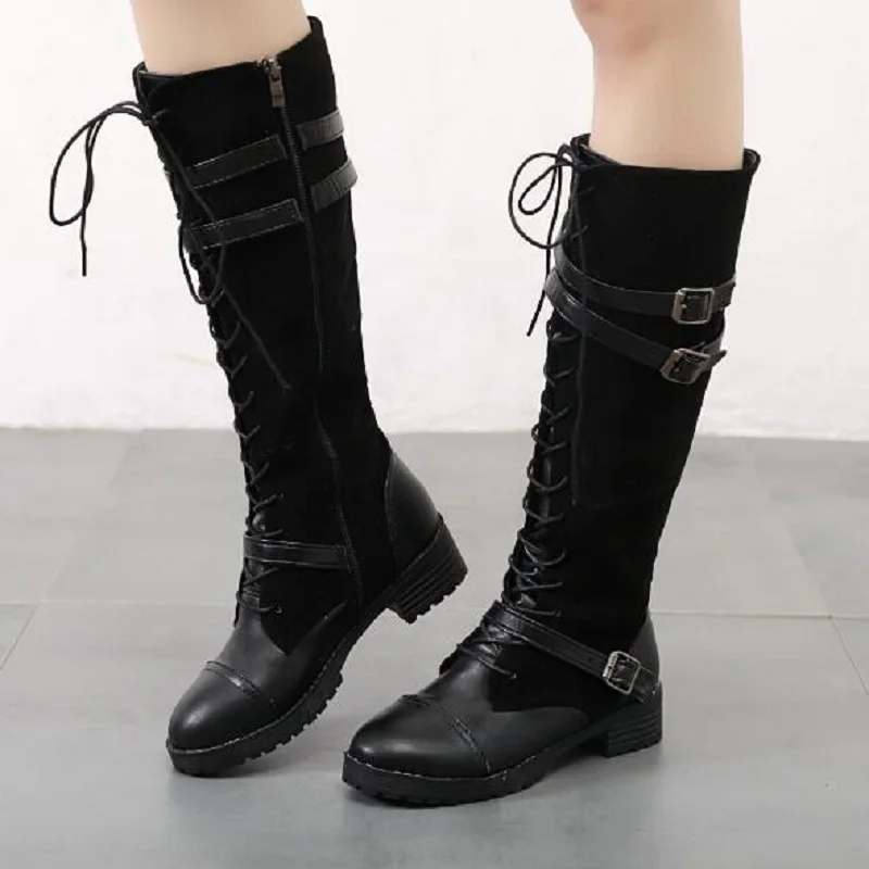 Женские осенне-зимние высокие сапоги до колена из нубука на толстом высоком