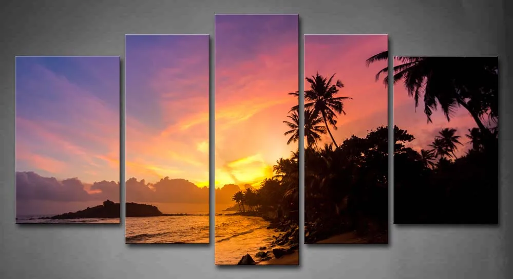 Framed Wall Art Pictures Palm Trees Sunset Beach Canvas Print Artwork Seascape Poster With Wooden Frame For Living Room | Дом и сад
