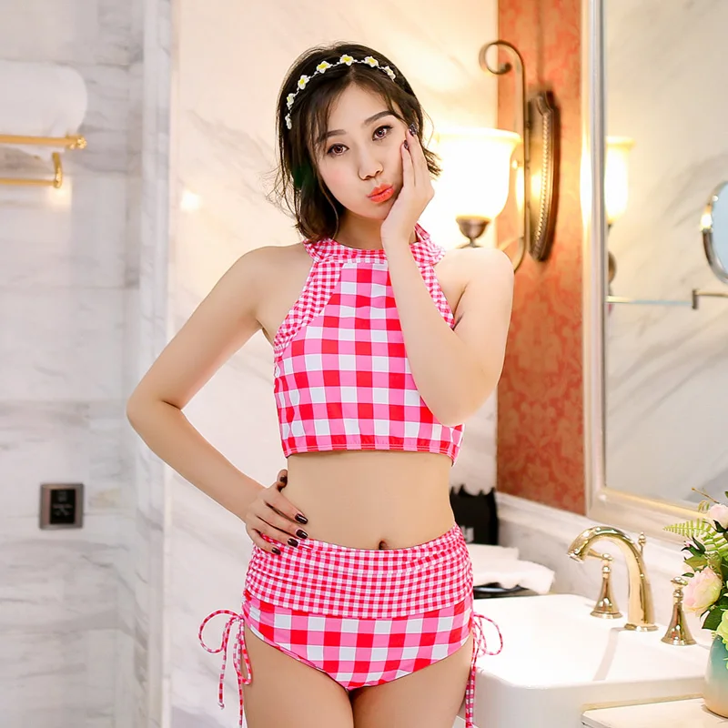 2017 красная решетка для милых девочек бикини сплит треугольник галстук студента