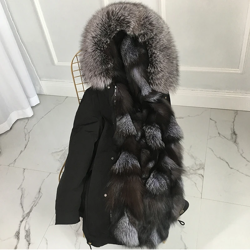Winter Parka With Hood Coat Silver Fox White Fur Patchwork Lined Long Jackets For Women Plus Size | Женская одежда