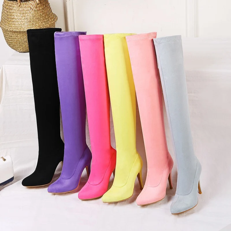 ORCHA LISA 2022 Woman Thigh High Boots Candy Color Over The Knee 9.5cm Purple Pink Big Size 43 14 Long Booties Flock Pointed Toe