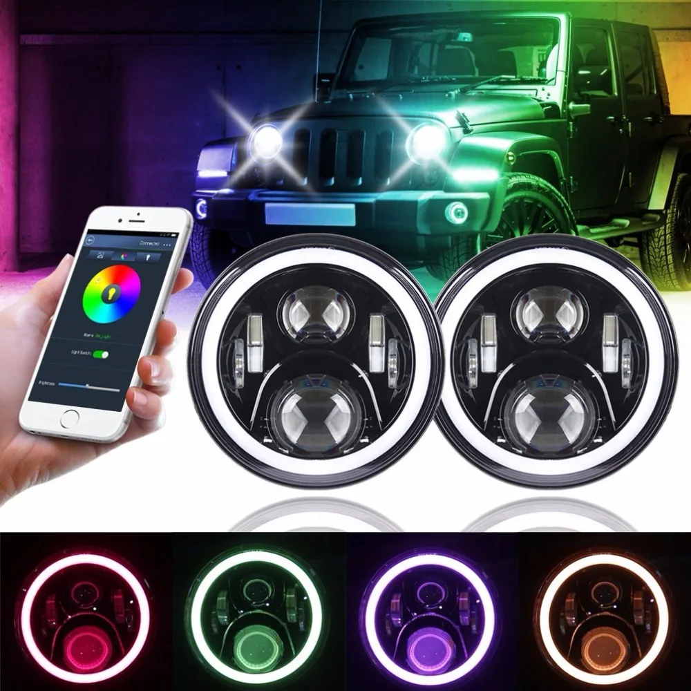 

Pair 7 Inch 50W Round Black Led Headlights DRL Hi/lo Beam with RGB Halo Angel Eye by Bluetooth APP Control For Jeep Wrangler Jk