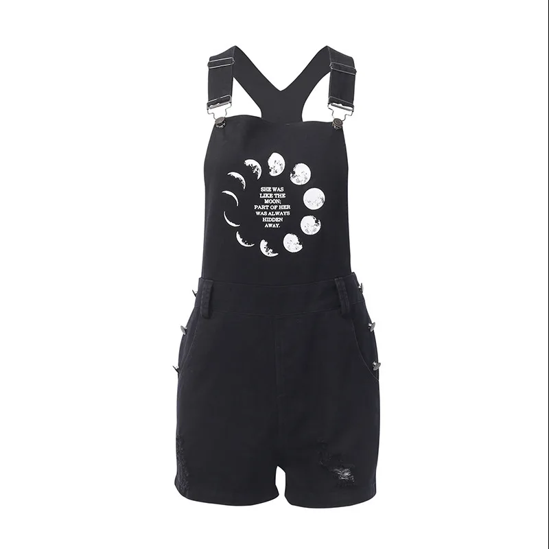 JIEZuoFang Summer Gothic Hip Hop Black Punk Sexy Romper Women Clothes Casual Slim Thin Letter Button Print Female Short Jeans | Женская