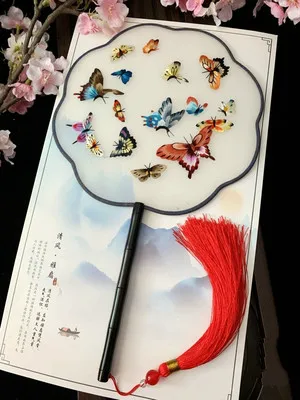 butterfly dance Su вышивка шелк двухсторонняя ручная вышивка круговой Вентилятор китайский стиль с длинной ручкой круговой вентилятор подарок в античном стиле вентилятор - Цвет: butterfly dance