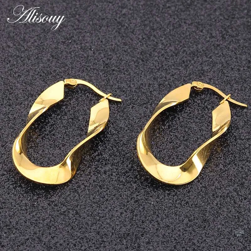 Gold Alisouy 2 шт золотые геометрические серьги-кольца женские модные ювелирные изделия из нержавеющей стали овальные твист большое кольцо-Серьги Brincos Bijoux - Окраска металла: Gold