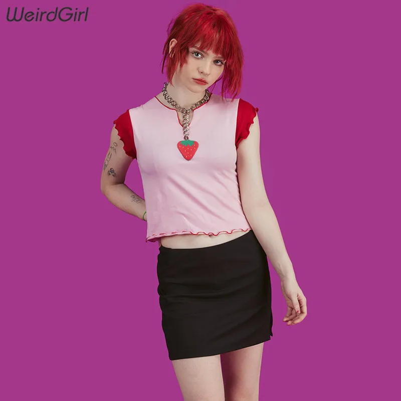 Weirdgrirl, женская футболка, клубника, милая, короткий рукав, модные женские топы, красный, розовый, пэчворк, уличная одежда, летняя, крутая, новинка