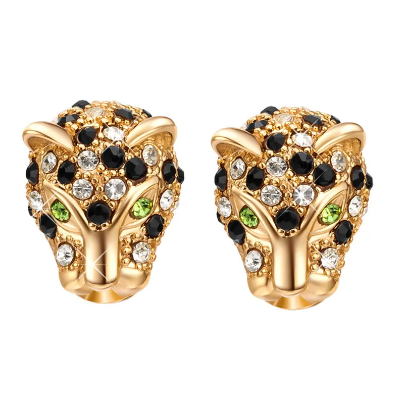 Женские серьги гвоздики в форме головы леопард с кристаллами стиле панк|animal