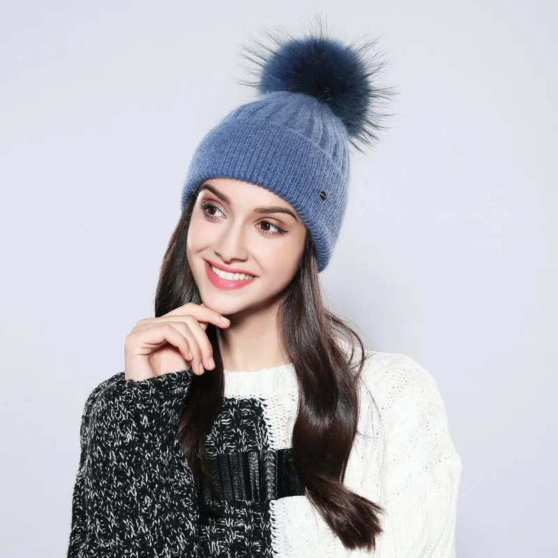Шапки с помпоном 2019 шапочки hat новые зимние для женщин натуральный мех шерсть