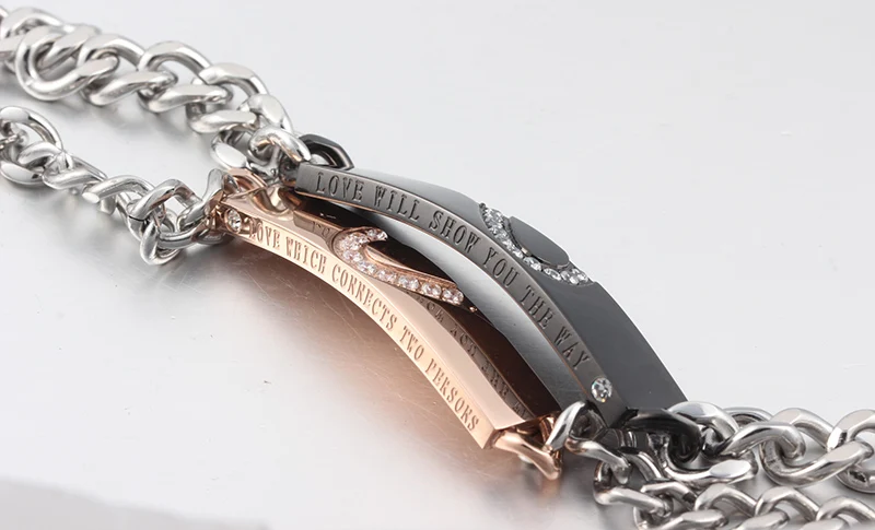 Циркон Сердце Паззлы любовник браслет Титан Сталь розовый/черный покрытием