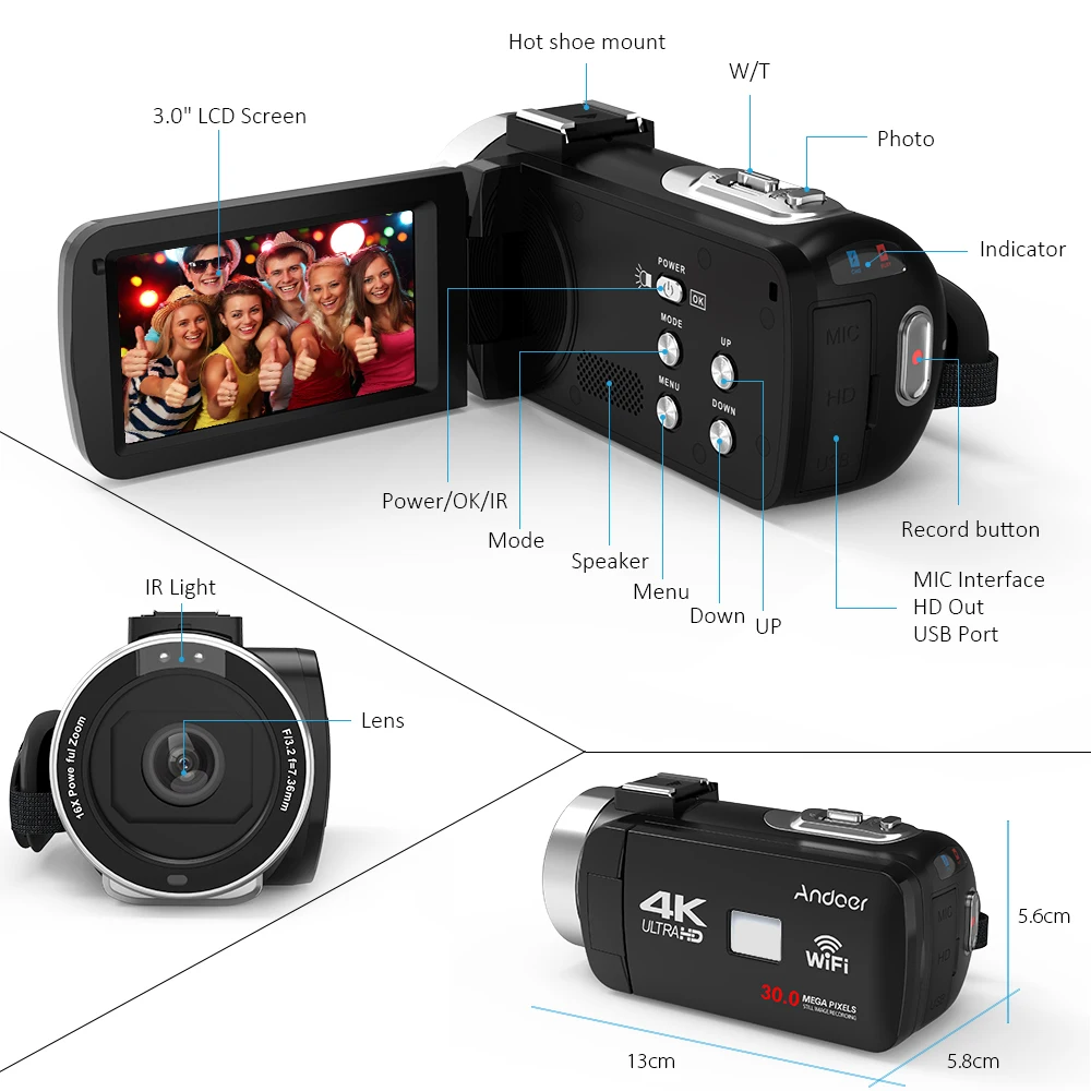 Новинка Andoer 4K Ultra HD WiFi Цифровая видеокамера DV рекордер+ внешний микрофон+ 0.39X широкоугольный объектив