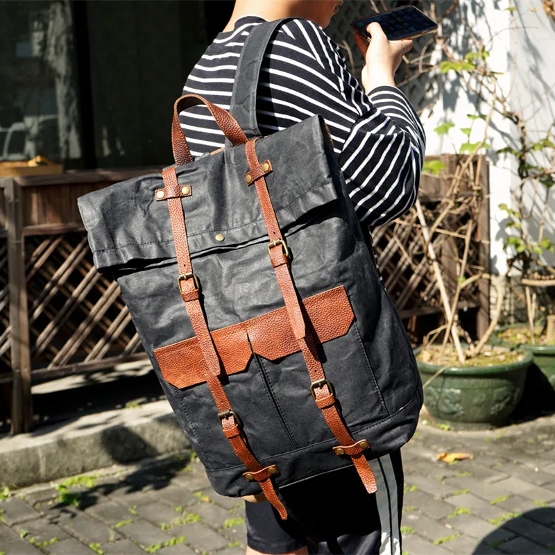 

WOHENRED Brand Large Capacity Canvas Backpacks For Men Leather School Bag Vintage Wateproof Travel Rucksacks Big Casual Daypacks