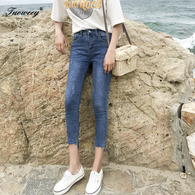 Отверстие Рваные джинсы сексуальные Для женщин Boyfriend Denim Винтаж с эластичной резинкой на талии, с Повседневное брюки женские, тонкие узкие женские укороченные брюки больших размеров Брюки