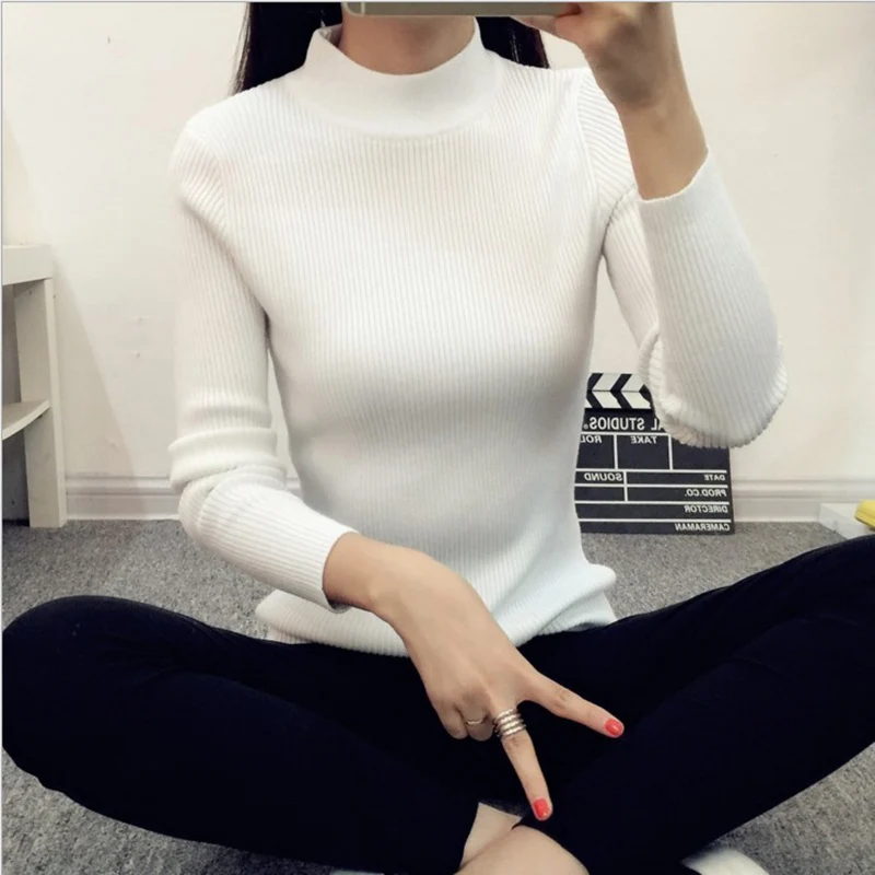 Women Sweater Autumn Winter Knitted Femme Pull High Elasticity Soft Casual Female Pullovers Half Turtleneck Warm Jumper Tops | Женская