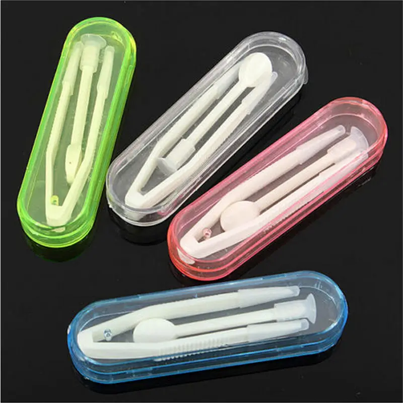 

Clear Eyewear Box Case Set Pocket Mini Contact Lens Case Travel Kit Easy Carry Soft Tip Tweezer Stick Tool