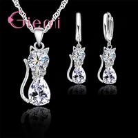 genuine top highly 925 sterling silver clear cubic zirconia cat pendant necklace earrings hot crystal jewelry for women