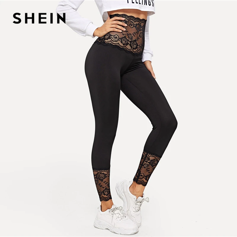 SHEIN Леггинсы С Кружевной Вставкой Высокой Талией И Фестончатым Краем Женские Сексуальные Леггинсы