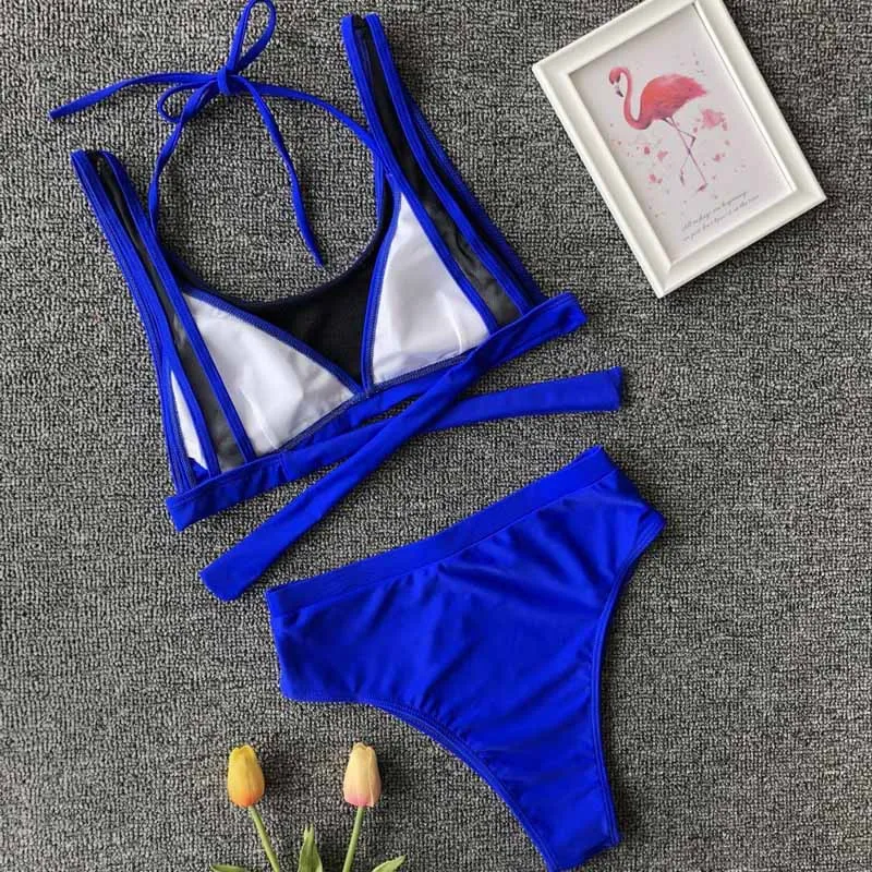 Sexy Translucent Mesh Bikini 2019 High Waist triangle Swimwear Women Solid Lace Strappy Swimsuit Femel Bathing Suit B5074 |